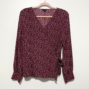 Talbots Womens Wrap Blouse Size L Dark Floral Cottagecore Maroon Mature Office